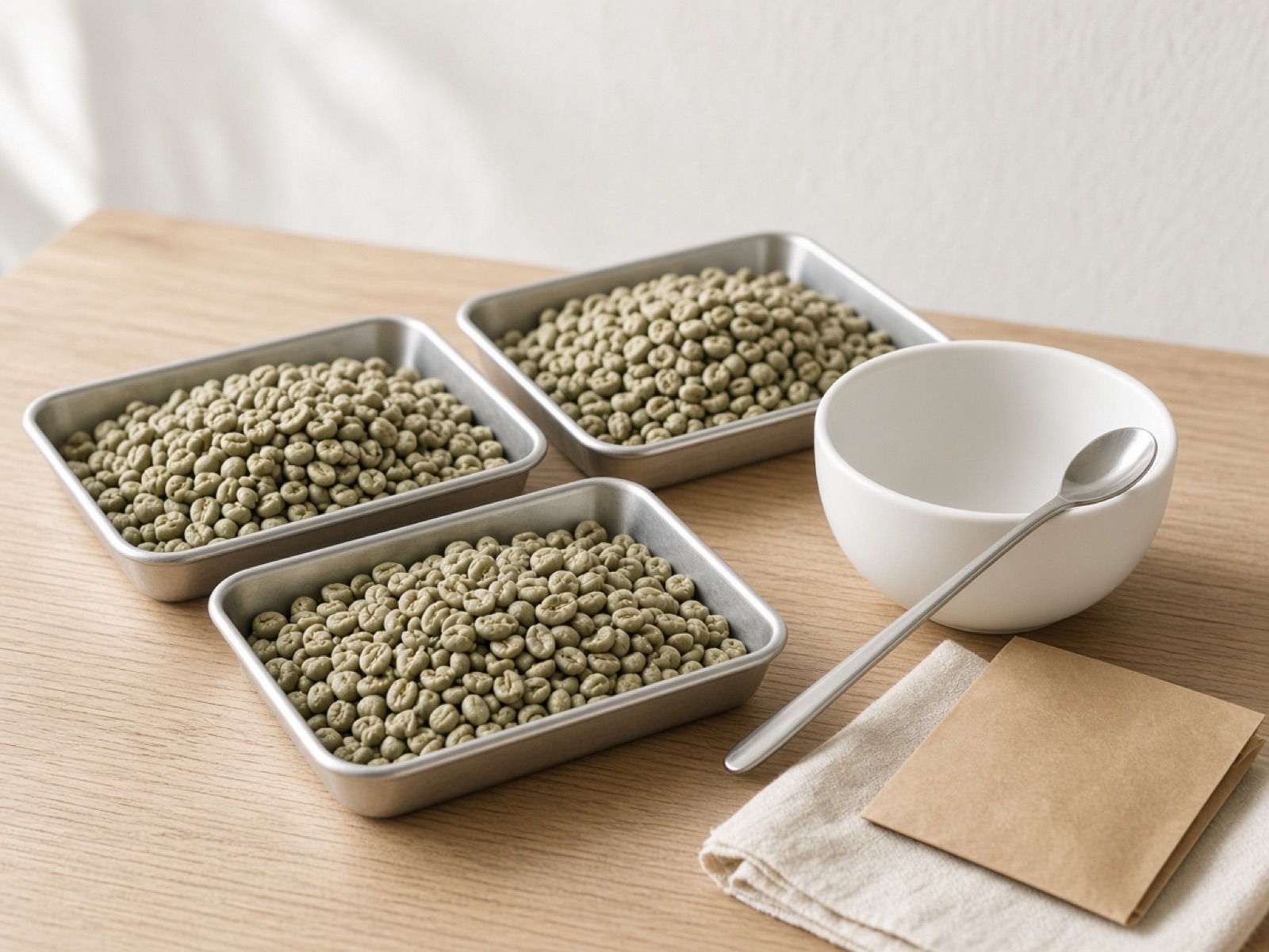 Green coffee sample trays and a cupping bowl on a light wooden table
