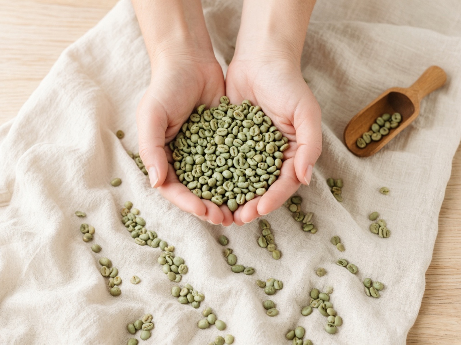 Hands holding unroasted green coffee beans over a linen cloth